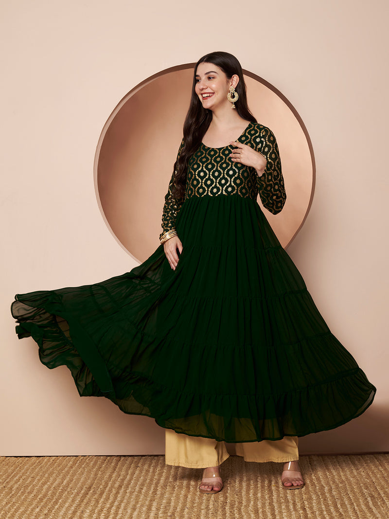 Poshak Hub Women Green Georgette Foil print Tiered Anarkali Kurta