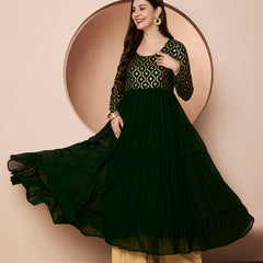 Poshak Hub Women Green Georgette Foil print Tiered Anarkali Kurta
