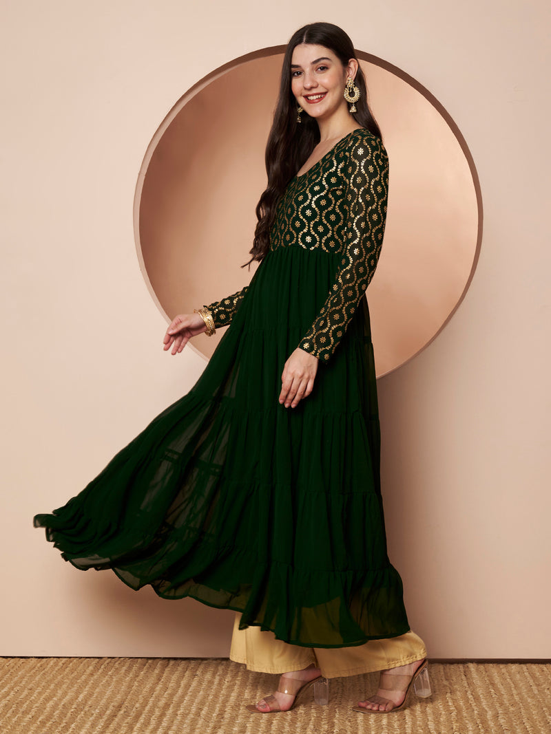 Poshak Hub Women Green Georgette Foil print Tiered Anarkali Kurta