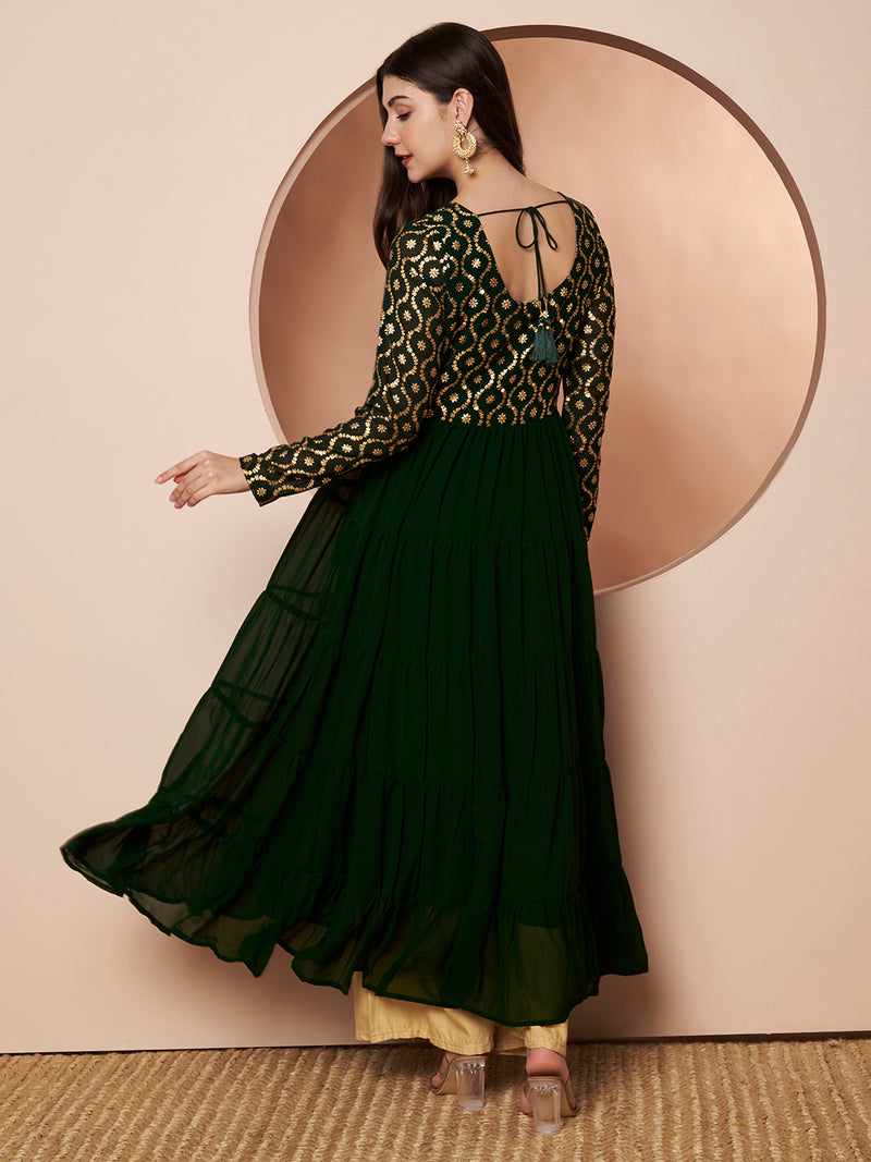 Poshak Hub Women Green Georgette Foil print Tiered Anarkali Kurta