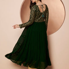 Poshak Hub Women Green Georgette Foil print Tiered Anarkali Kurta