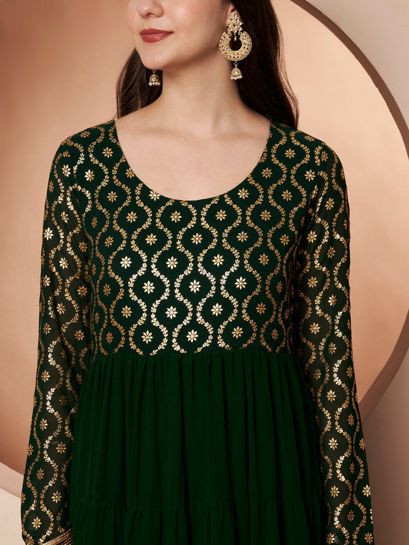 Poshak Hub Women Green Georgette Foil print Tiered Anarkali Kurta