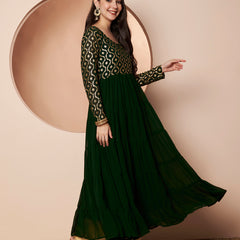 Poshak Hub Women Green Georgette Foil print Tiered Anarkali Kurta