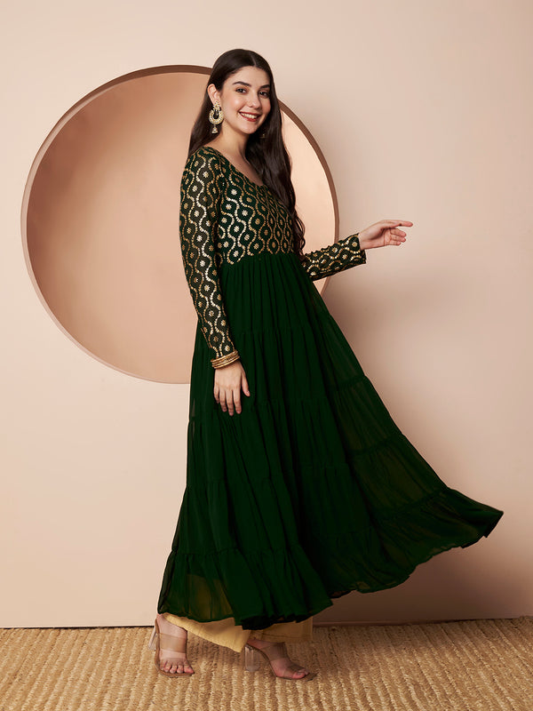 Poshak Hub Women Green Georgette Foil print Tiered Anarkali Kurta