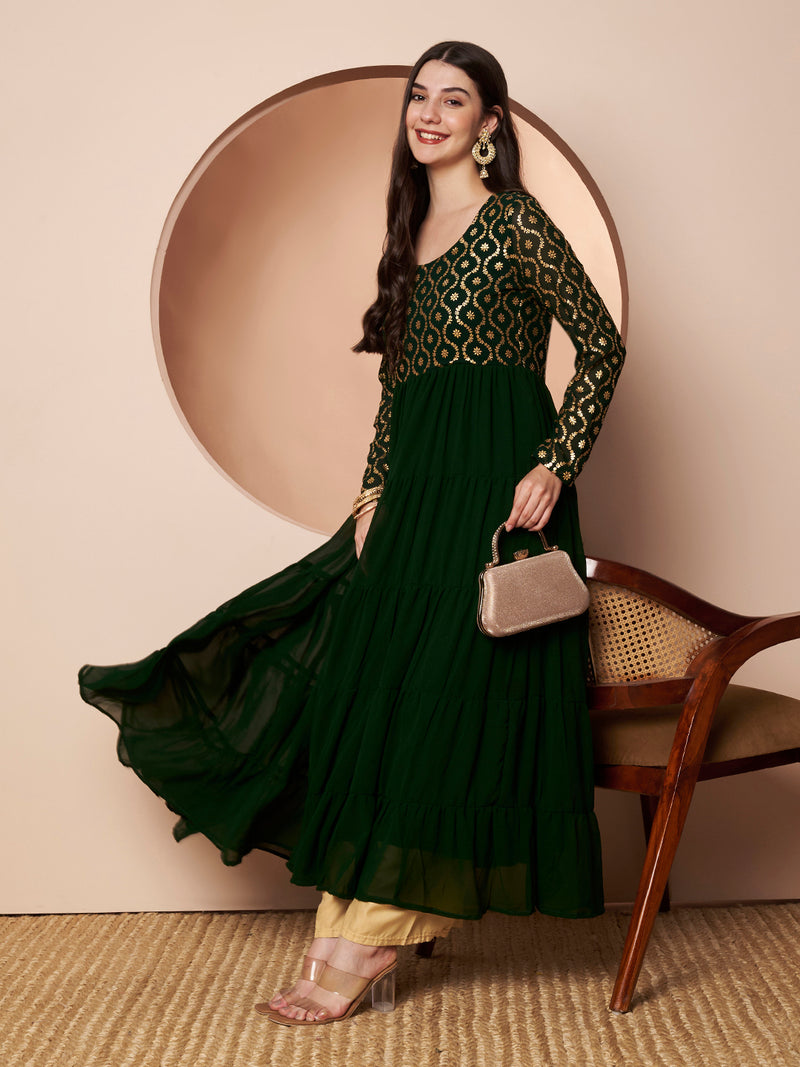 Poshak Hub Women Green Georgette Foil print Tiered Anarkali Kurta