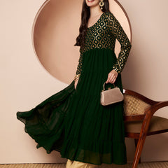 Poshak Hub Women Green Georgette Foil print Tiered Anarkali Kurta