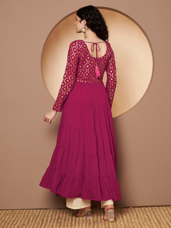 Poshak Hub Women Pink Georgette Foil print Anarkali Kurta