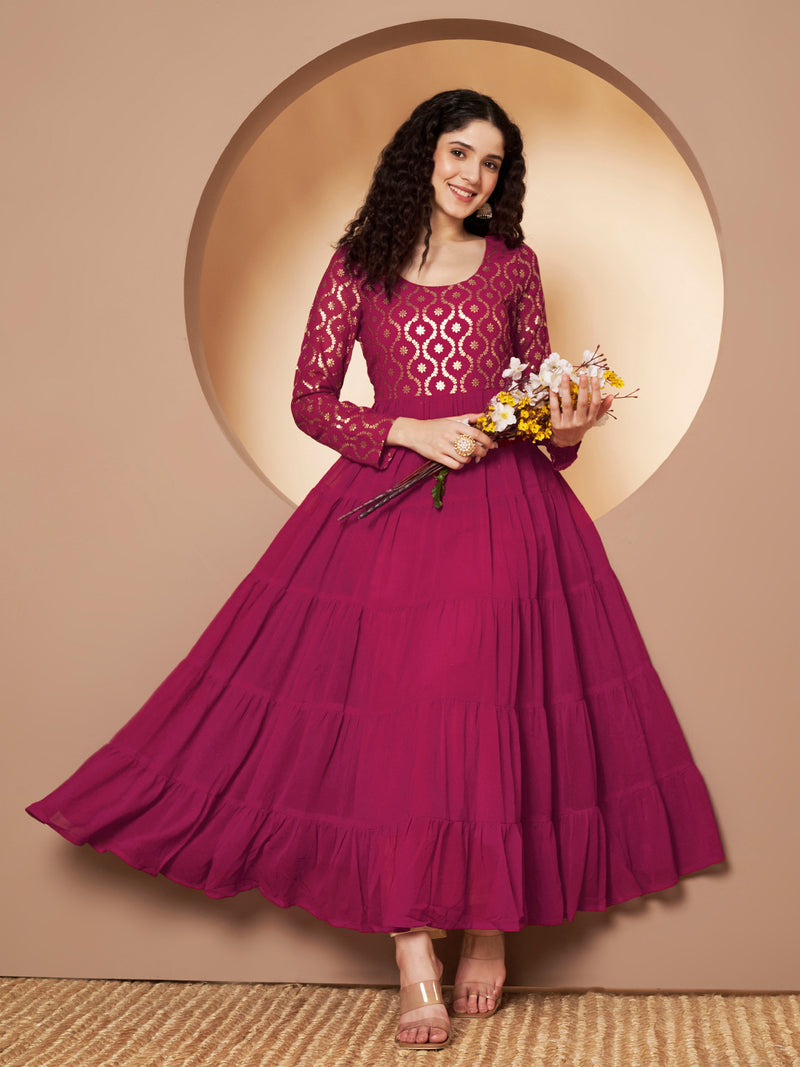 Poshak Hub Women Pink Georgette Foil print Anarkali Kurta