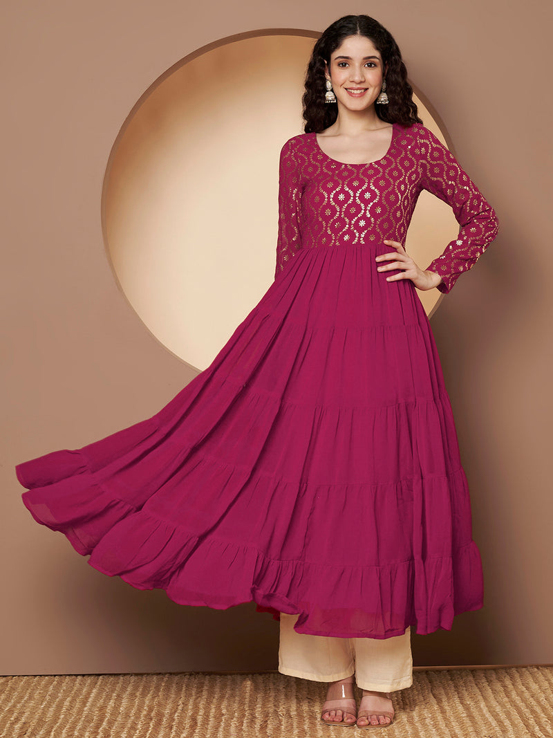 Poshak Hub Women Pink Georgette Foil print Anarkali Kurta