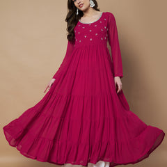 Poshak Hub Women Pink Georgette Hand Embroidery Tiered Anarkali Kurta
