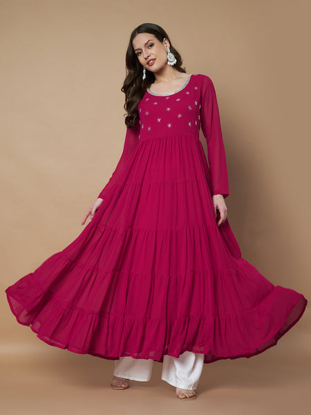 Poshak Hub Women Pink Georgette Hand Embroidery Tiered Anarkali Kurta