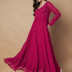 Poshak Hub Women Pink Georgette Hand Embroidery Tiered Anarkali Kurta