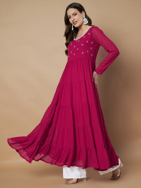 Poshak Hub Women Pink Georgette Hand Embroidery Tiered Anarkali Kurta