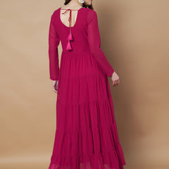 Poshak Hub Women Pink Georgette Hand Embroidery Tiered Anarkali Kurta