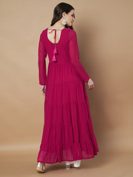 Poshak Hub Women Pink Georgette Hand Embroidery Tiered Anarkali Kurta
