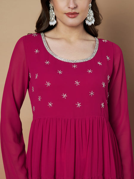 Poshak Hub Women Pink Georgette Hand Embroidery Tiered Anarkali Kurta