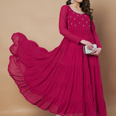 Poshak Hub Women Pink Georgette Hand Embroidery Tiered Anarkali Kurta