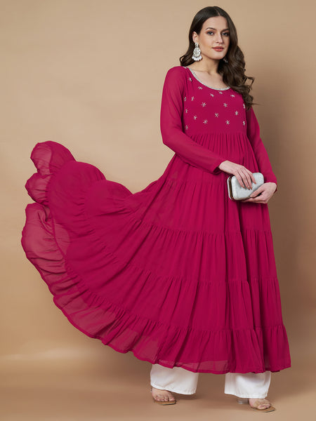 Poshak Hub Women Pink Georgette Hand Embroidery Tiered Anarkali Kurta