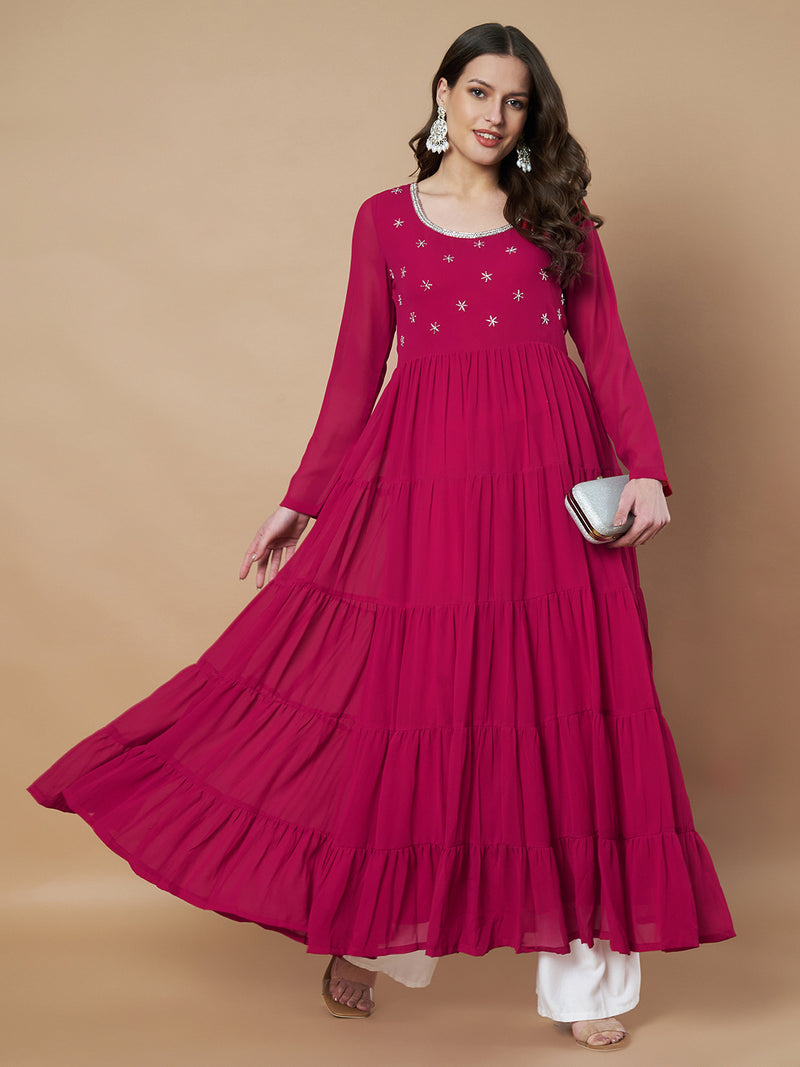 Poshak Hub Women Pink Georgette Hand Embroidery Tiered Anarkali Kurta