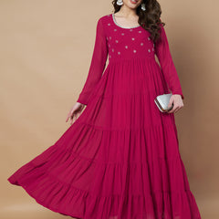 Poshak Hub Women Pink Georgette Hand Embroidery Tiered Anarkali Kurta