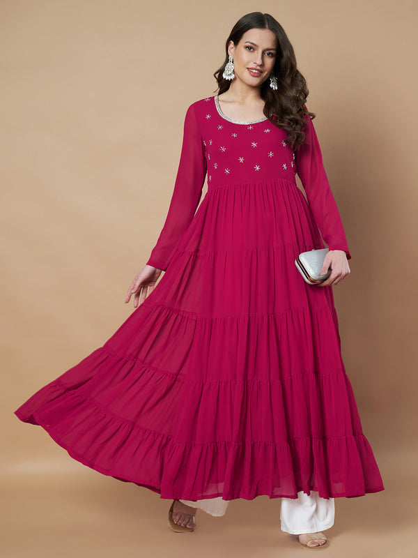 Poshak Hub Women Pink Georgette Hand Embroidery Tiered Anarkali Kurta