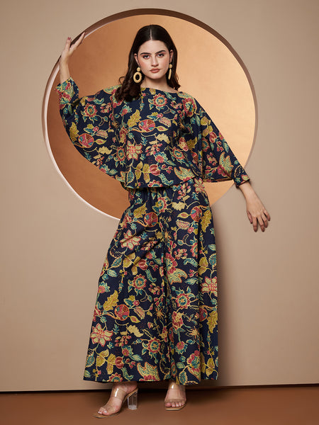 Poshak Hub Women Blue Cotton Print Crop top and palazzo Co-ord Set