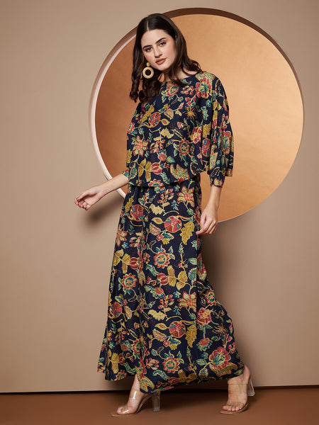 Poshak Hub Women Blue Cotton Print Crop top and palazzo Co-ord Set