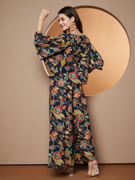 Poshak Hub Women Blue Cotton Print Crop top and palazzo Co-ord Set