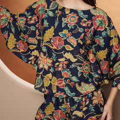 Poshak Hub Women Blue Cotton Print Crop top and palazzo