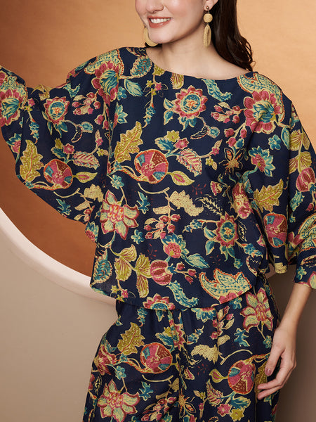 Poshak Hub Women Blue Cotton Print Crop top and palazzo Co-ord Set