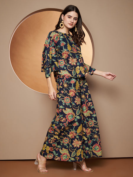 Poshak Hub Women Blue Cotton Print Crop top and palazzo Co-ord Set