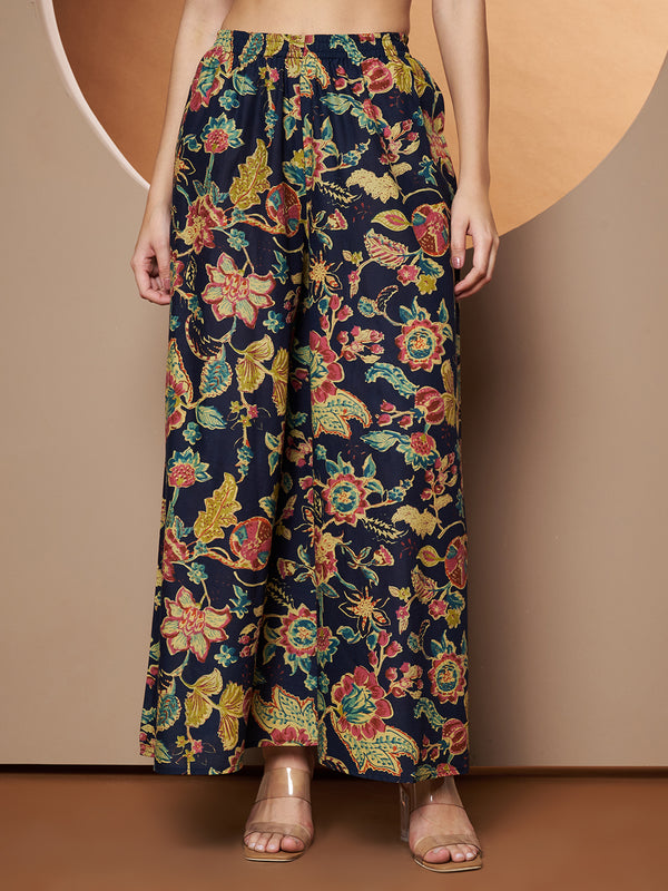 Poshak Hub Women Blue Cotton Print Crop top and palazzo Co-ord Set