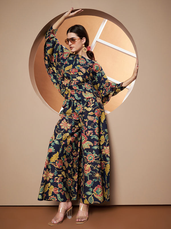 Poshak Hub Women Blue Cotton Print Crop top and palazzo Co-ord Set