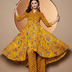 Poshak Hub Women Yellow Cotton Printed Asymmetric Anarkali Kurta and palazzo.