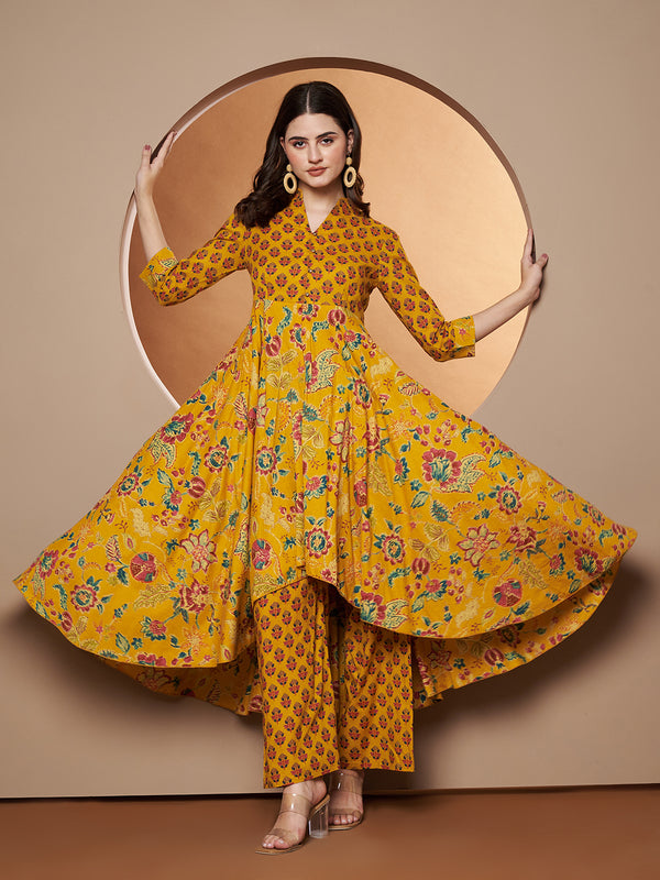 Poshak Hub Women Yellow Cotton Printed Asymmetric Anarkali Kurta and palazzo.