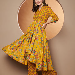 Poshak Hub Women Yellow Cotton Printed Asymmetric Anarkali Kurta and palazzo.