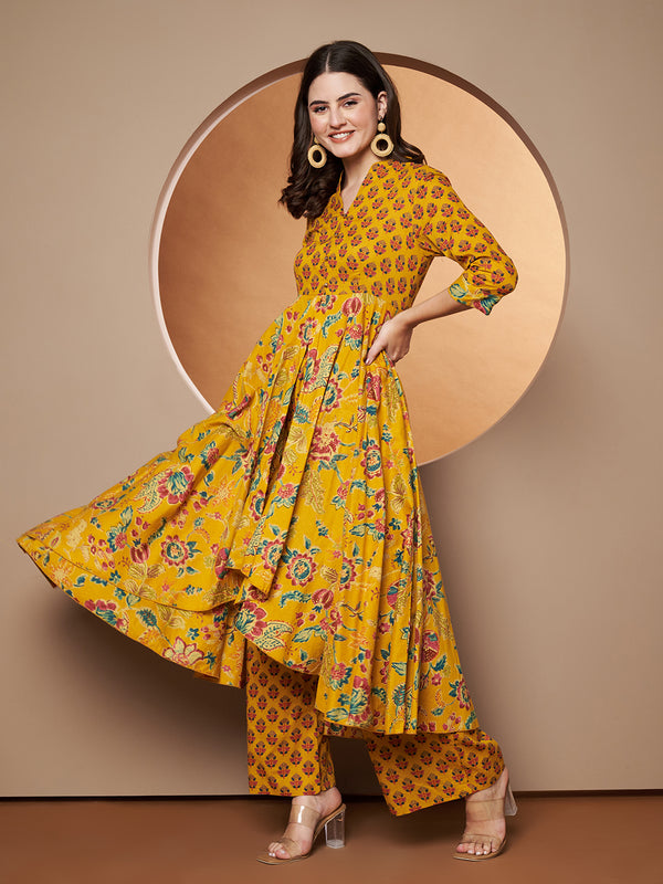 Poshak Hub Women Yellow Cotton Printed Asymmetric Anarkali Kurta and palazzo.