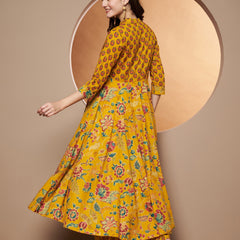 Poshak Hub Women Yellow Cotton Printed Asymmetric Anarkali Kurta and palazzo.