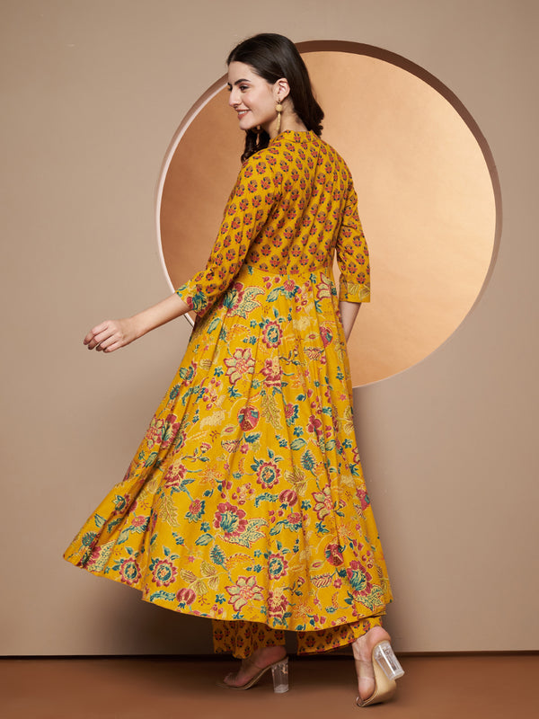 Poshak Hub Women Yellow Cotton Printed Asymmetric Anarkali Kurta and palazzo.