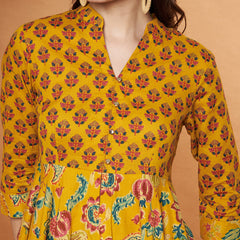 Poshak Hub Women Yellow Cotton Printed Asymmetric Anarkali Kurta and palazzo.