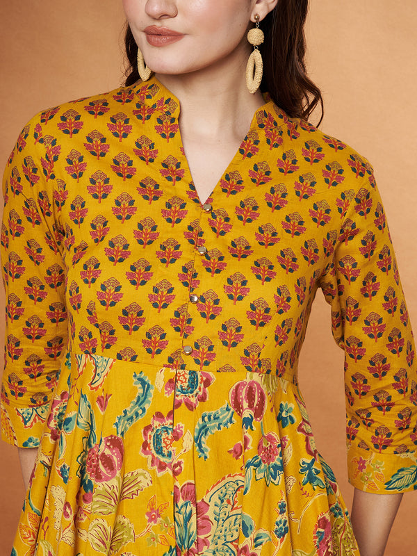 Poshak Hub Women Yellow Cotton Printed Asymmetric Anarkali Kurta and palazzo.
