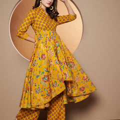 Poshak Hub Women Yellow Cotton Printed Asymmetric Anarkali Kurta and palazzo.