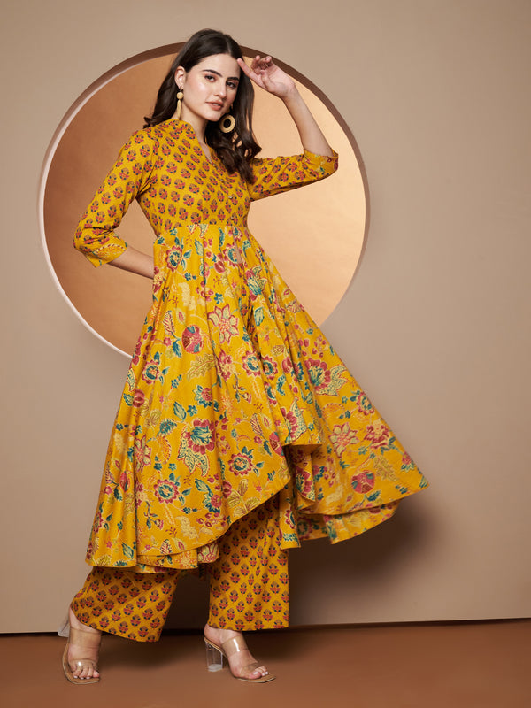 Poshak Hub Women Yellow Cotton Printed Asymmetric Anarkali Kurta and palazzo.