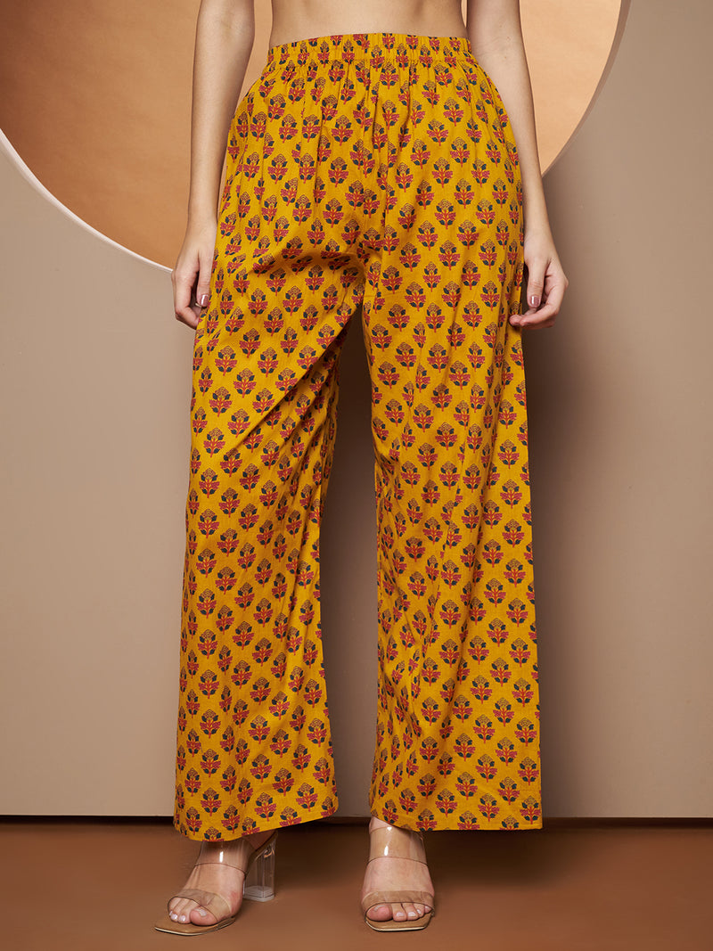 Poshak Hub Women Yellow Cotton Printed Asymmetric Anarkali Kurta and palazzo.