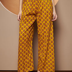 Poshak Hub Women Yellow Cotton Printed Asymmetric Anarkali Kurta and palazzo.