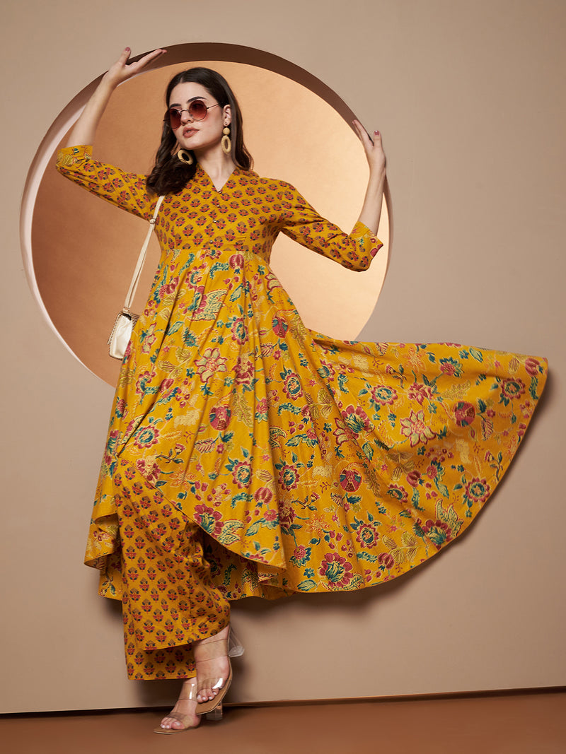 Poshak Hub Women Yellow Cotton Printed Asymmetric Anarkali Kurta and palazzo.