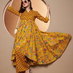 Poshak Hub Women Yellow Cotton Printed Asymmetric Anarkali Kurta and palazzo.