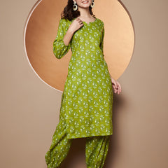 Poshak Hub Women Green Cotton Printed A Line Kurta and Afgani Salwar