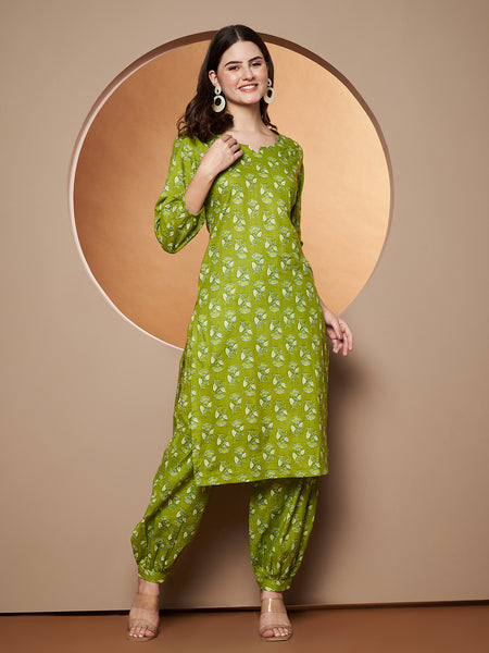 Poshak Hub Women Green Cotton Printed A Line Kurta and Afgani Salwar