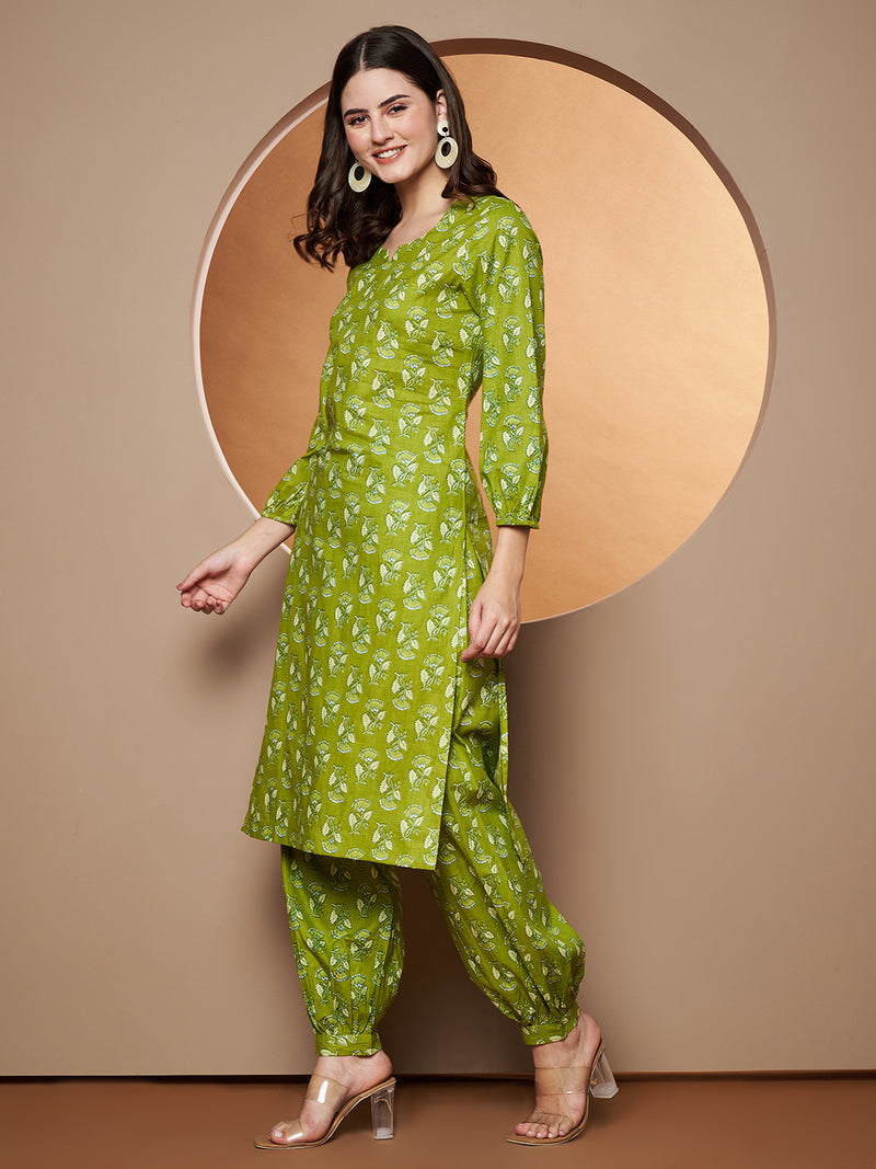 Poshak Hub Women Green Cotton Printed A Line Kurta and Afgani Salwar